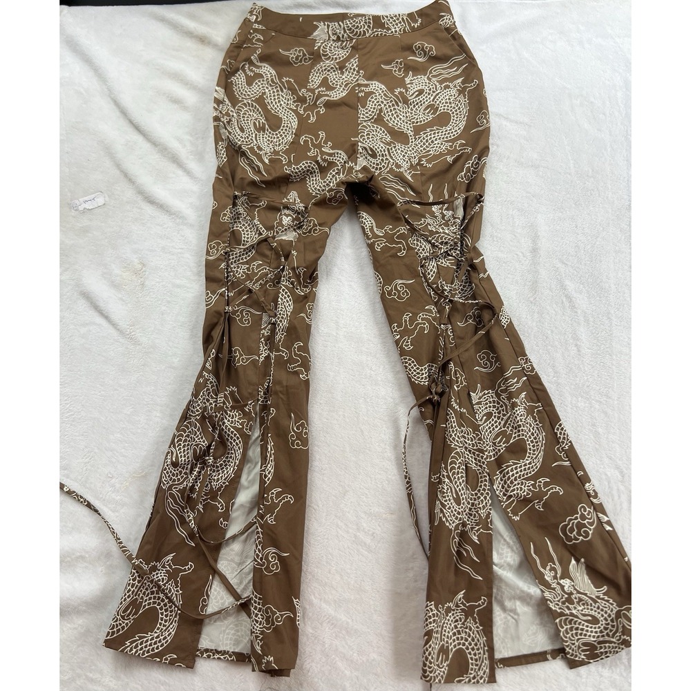 Women's Medium 6 Flare Polyester Dragon Print‎ Tan Cross Pants